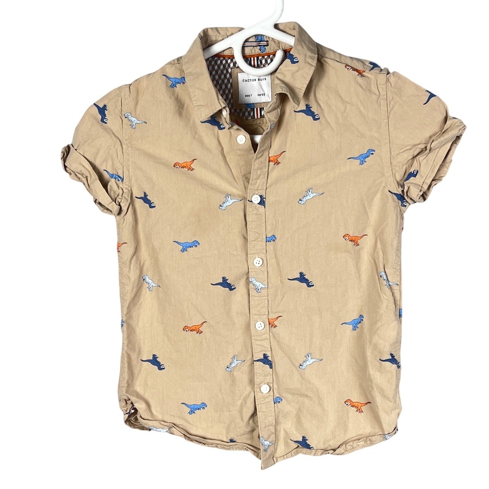 Cactus Boys Shirt 7 Button Front Dinosaur Print‎ Tan Short Sleeve Dino